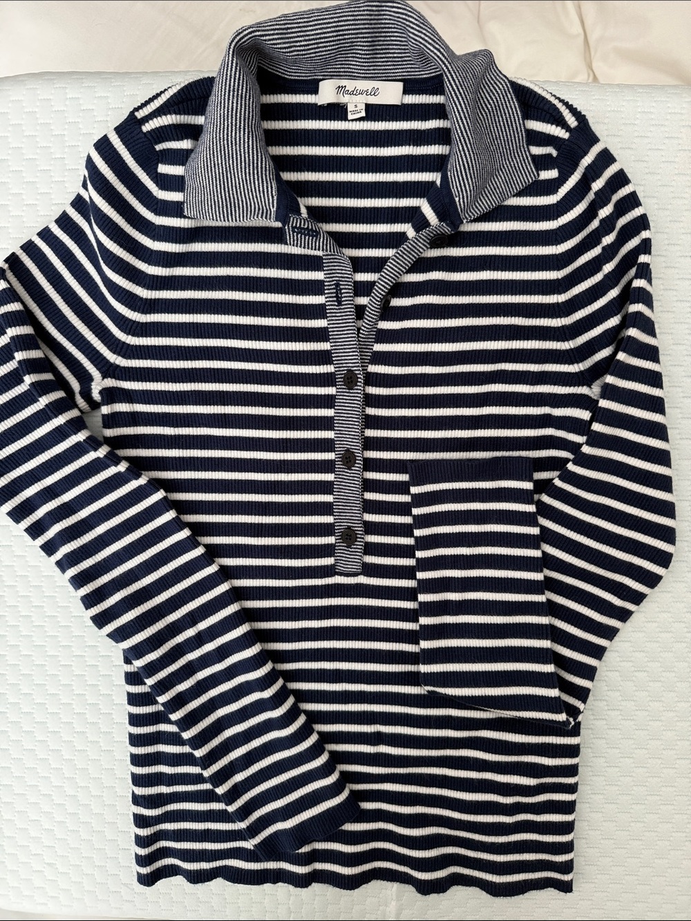 Madewell Navy and White Striped Knit Pullover with Contrast Collar